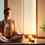 **

A peaceful meditation scene. A person sitting comfortably in a quiet room with soft lighting and maybe a candle or essential oil diffuser. The person is relaxed with their eyes closed doing a guided meditation. Use calming colors and a serene atmosphere to convey stress reduction and inner peace.

**