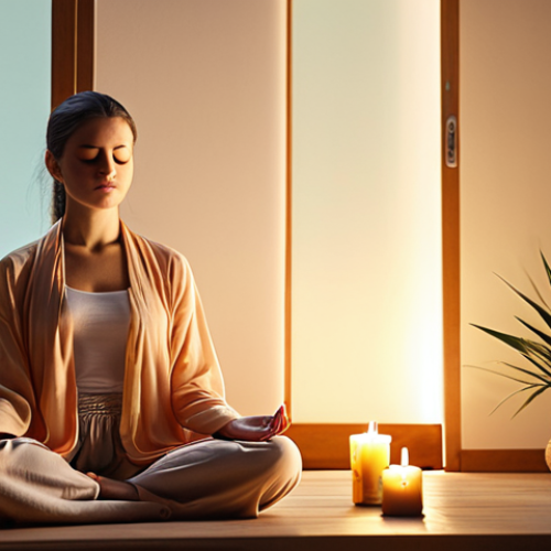 Home 14 **
A peaceful meditation scene. A person sitting comfortably in a quiet room with soft lighting and maybe a candle or essential oil diffuser. The person is relaxed with their eyes closed doing a guided meditation. Use calming colors and a serene atmosphere to convey stress reduction and inner peace.
**