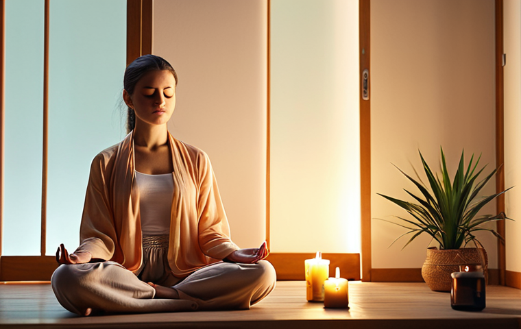 **
A peaceful meditation scene. A person sitting comfortably in a quiet room with soft lighting and maybe a candle or essential oil diffuser. The person is relaxed with their eyes closed doing a guided meditation. Use calming colors and a serene atmosphere to convey stress reduction and inner peace.
**