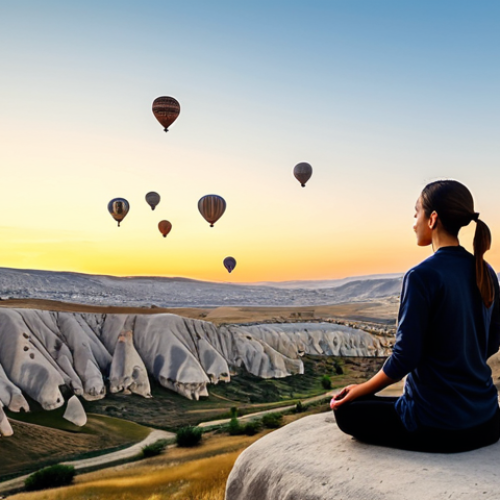 Home 7 A person in a tranquil meditation pose, fully clothed in modest, comfortable attire suitable for yoga, at sunrise in the magical landscape of Kapadokya (Cappadocia). The scene features hot air balloons in the distance and unique fairy chimney rock formations under a soft, golden light. The overall atmosphere is peaceful and serene, conveying inner peace and spiritual awakening. safe for work, appropriate content, fully clothed, professional, perfect anatomy, correct proportions, natural pose, well-formed hands, proper finger count, natural body proportions, high quality, professional photography.