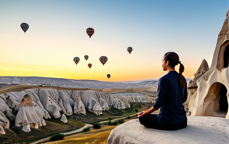 A person in a tranquil meditation pose, fully clothed in modest, comfortable attire suitable for yoga, at sunrise in the magical landscape of Kapadokya (Cappadocia). The scene features hot air balloons in the distance and unique fairy chimney rock formations under a soft, golden light. The overall atmosphere is peaceful and serene, conveying inner peace and spiritual awakening. safe for work, appropriate content, fully clothed, professional, perfect anatomy, correct proportions, natural pose, well-formed hands, proper finger count, natural body proportions, high quality, professional photography.